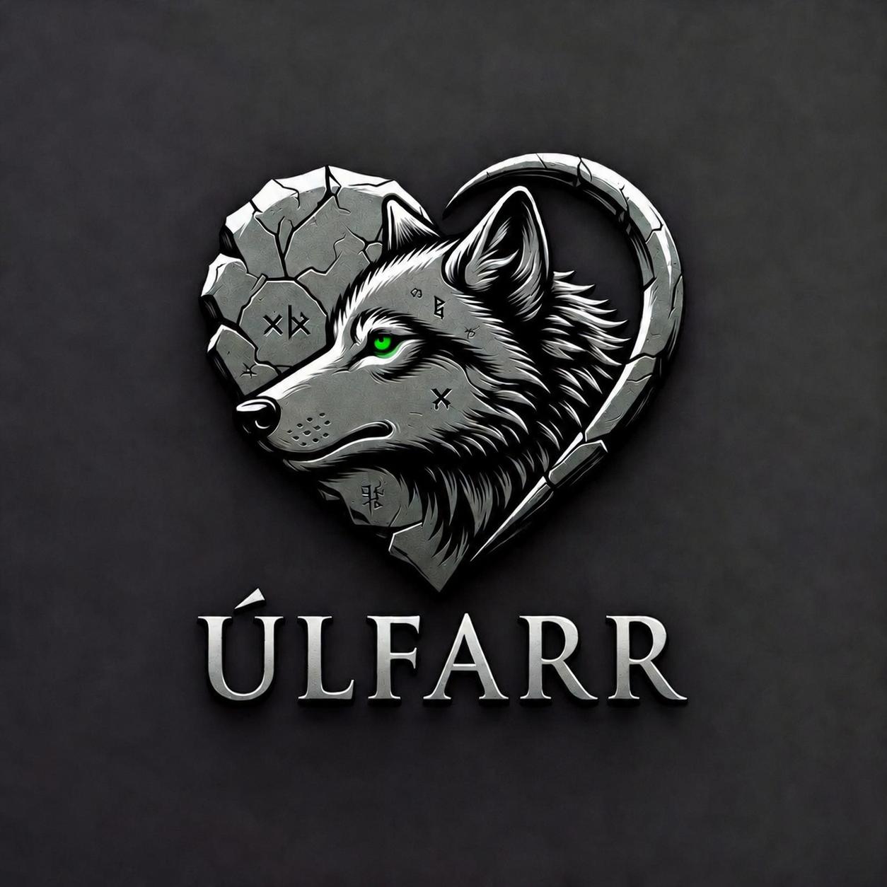 Úlfarr: a silver wolf within a fractured stone heart, with a green eye